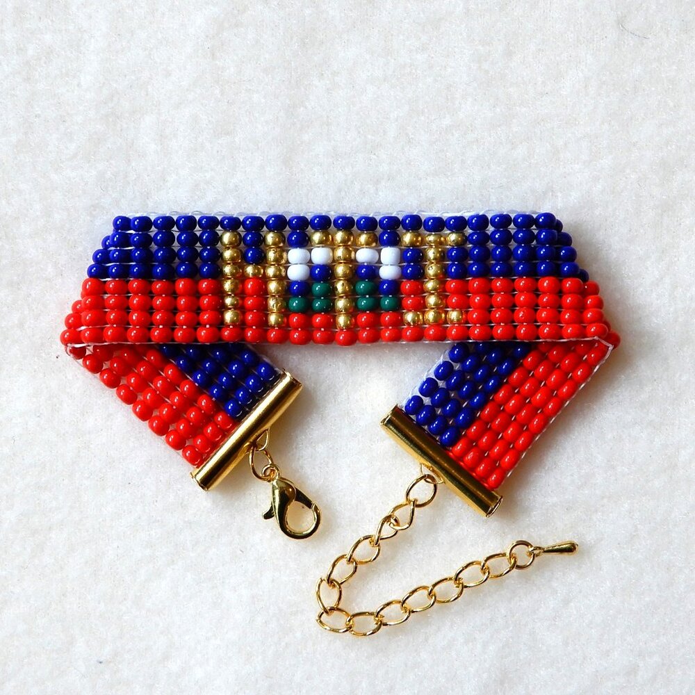 Haiti Haitian flag bead bracelet, handmade, adjustable length, 30% to charity